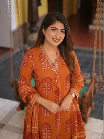 Rust Orange Printed Pure Cotton Suit Set with Embroidered Neckline
