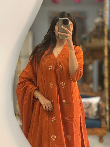 Rust Orange Embroidered Flared Kurta Suit Set with Matching Dupatta