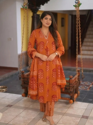 Rust Orange Printed Pure Cotton Suit Set with Embroidered Neckline