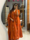 Rust Orange Embroidered Flared Kurta Suit Set with Matching Dupatta
