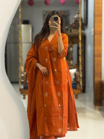 Rust Orange Embroidered Flared Kurta Suit Set with Matching Dupatta