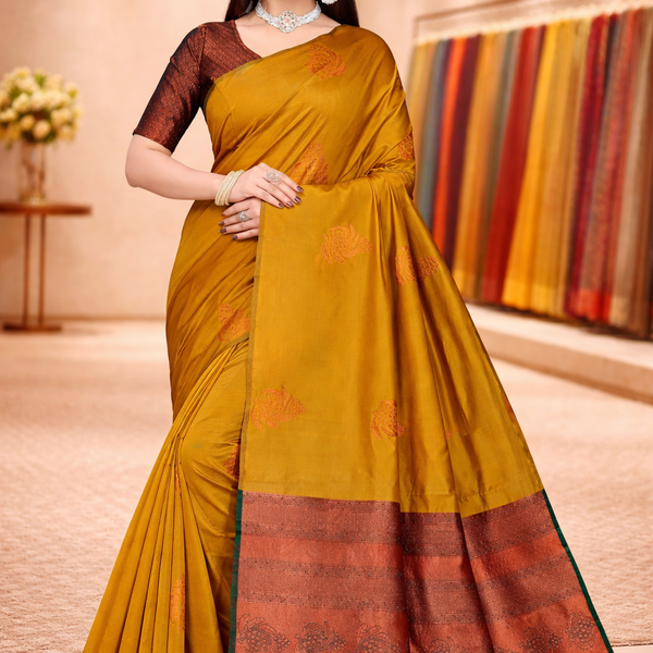Full-length view of an elegant mustard yellow silk saree with a wide copper zari border and green edging by Saree Sales.