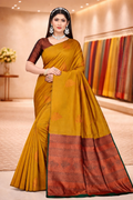 Elegant Mustard Yellow Silk Saree with Copper Zari Border & Green Edging