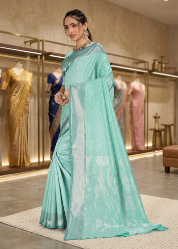 Sea Green Woven Jacquard Silk Saree with Matching Blouse