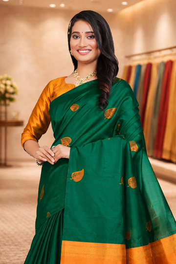 Elegant Dark Green Silk Saree with Mustard Gold Zari Border & Leaf Motifs