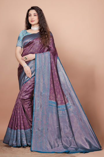 Wine and Peacock Blue Woven Jacquard Silk Saree with Matching Blouse
