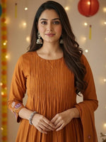 Premium Mustard Pure Cotton Flared Suit Set with Embroidery